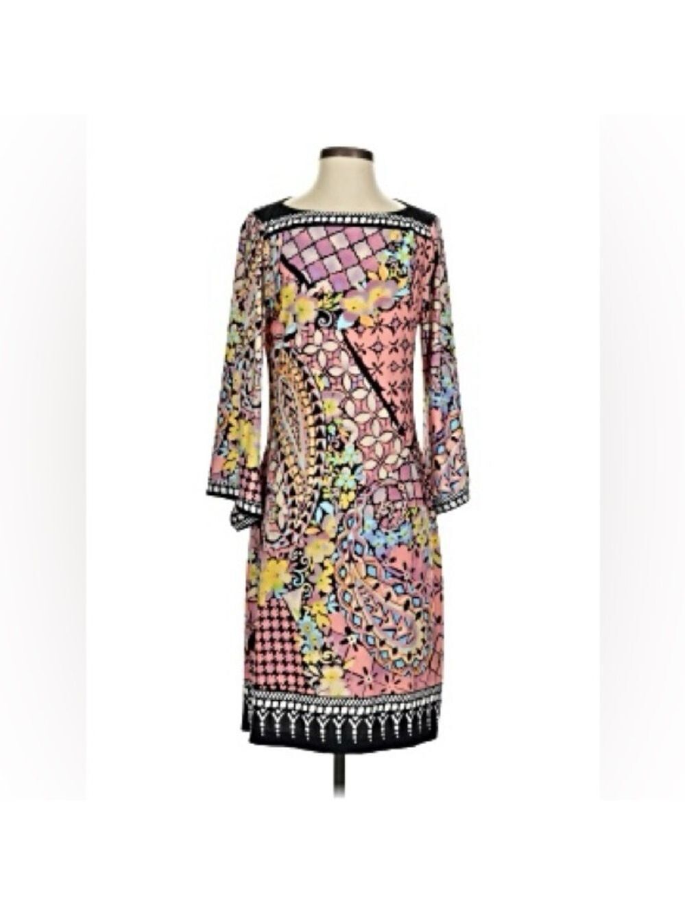 Beige by eci Pink Mosaic Floral Long-Sleeve Knee Length Shift Dress size 8